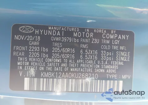 2019 Hyundai Kona Se z USA, uszkodzony, nr VIN KM8K12AA0KU268210